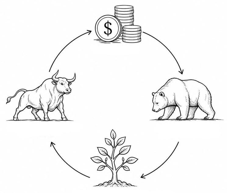 The cycle of risk management handled by Wolfstone Wealth Advisors, from cash through bull and bear markets to accumulation and back again.